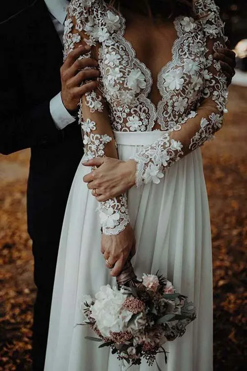 Chiffon A-line V-neck Side Slit Long Sleeves Wedding Dress with Flowers Appliques, SW284