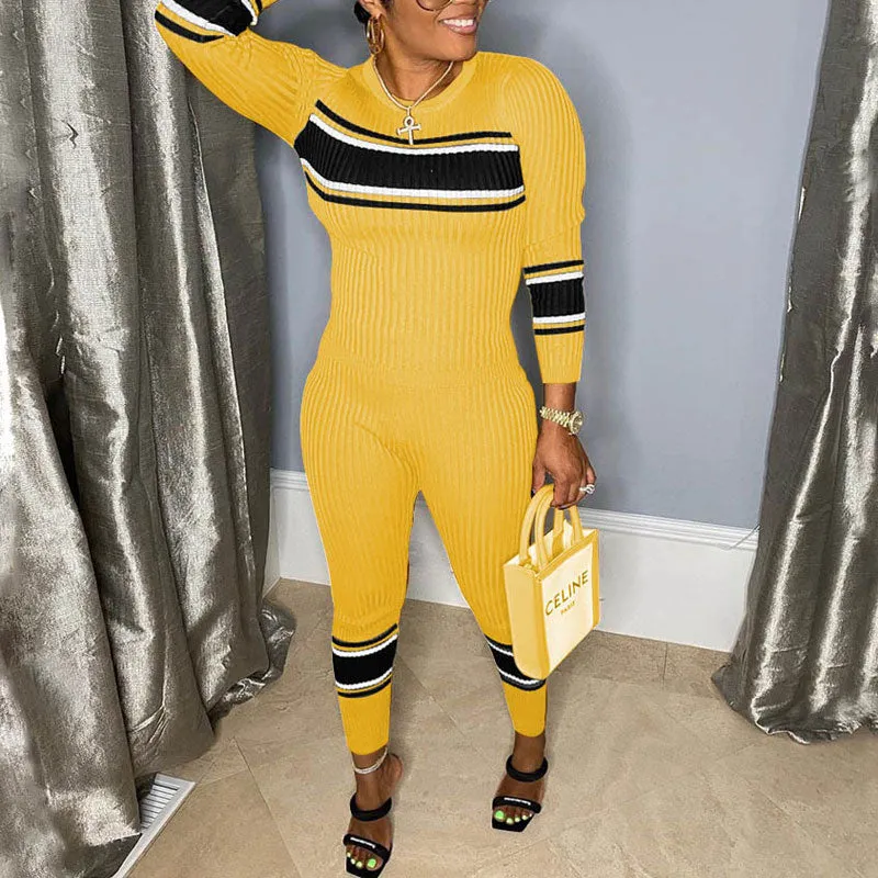 Colorblock Long Sleeve Knitted Jumpsuit