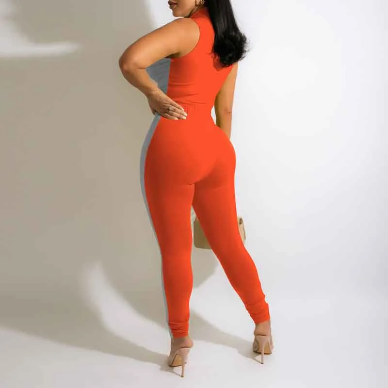 Colorblock Sleeveless Zipper Design Skinny Jumpsuit