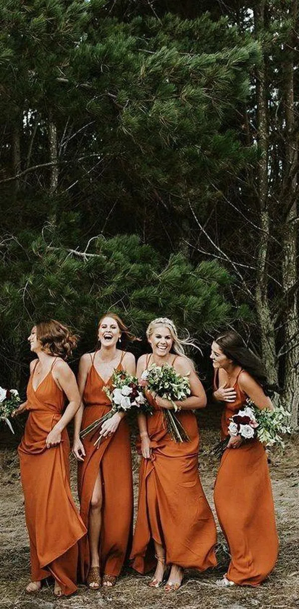 Coral ﻿Spaghetti Strap Simple Cheap A-Line V-Neck Fall Bridesmaid Dress, WG302