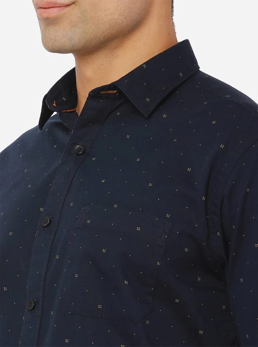 Dark Blue Printed Slim Fit Casual Shirt | Greenfibre