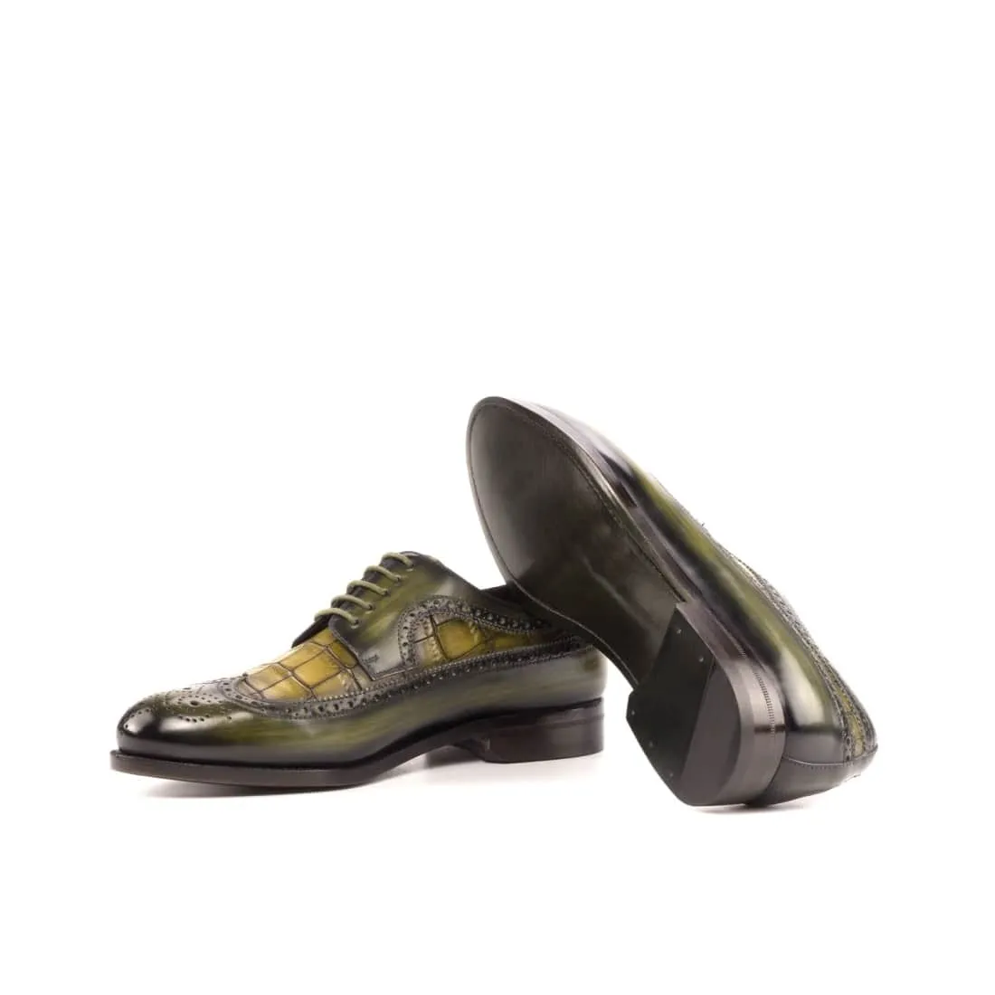 Derbie Brogue fleuri en cuir patiné et croco kaki