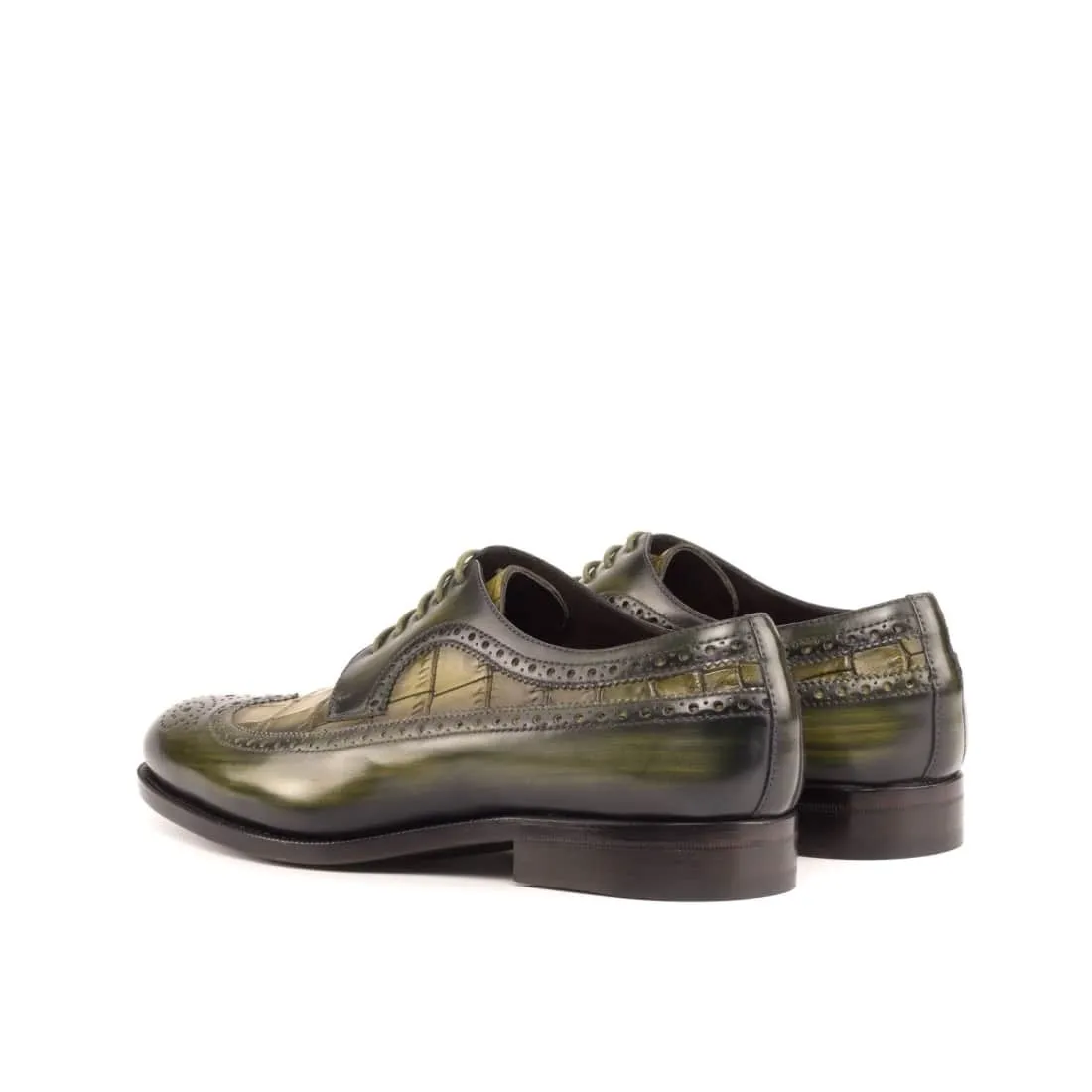 Derbie Brogue fleuri en cuir patiné et croco kaki
