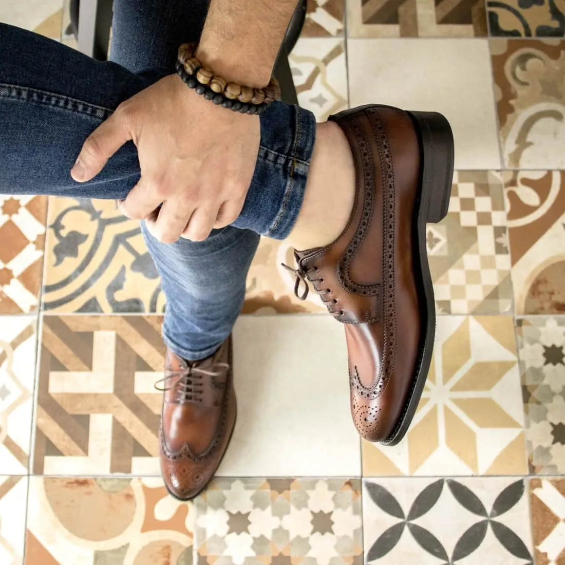 Derbie Brogue fleuri en cuir patiné marron moyen