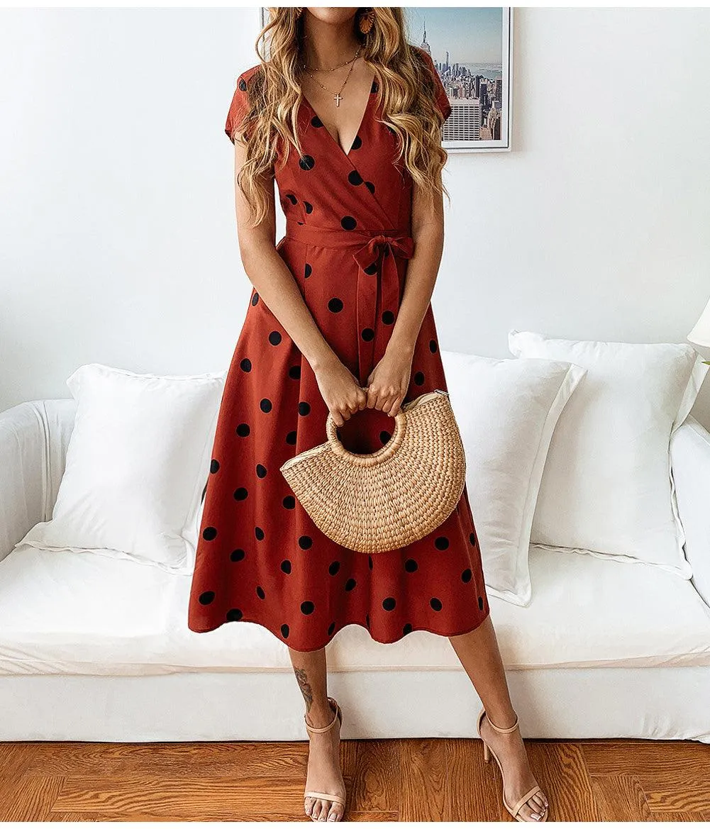 Elegant Dot Print Short Sleeve  Dress