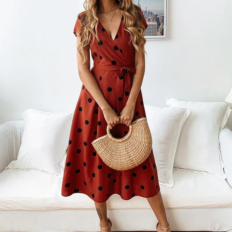 Elegant Dot Print Short Sleeve  Dress