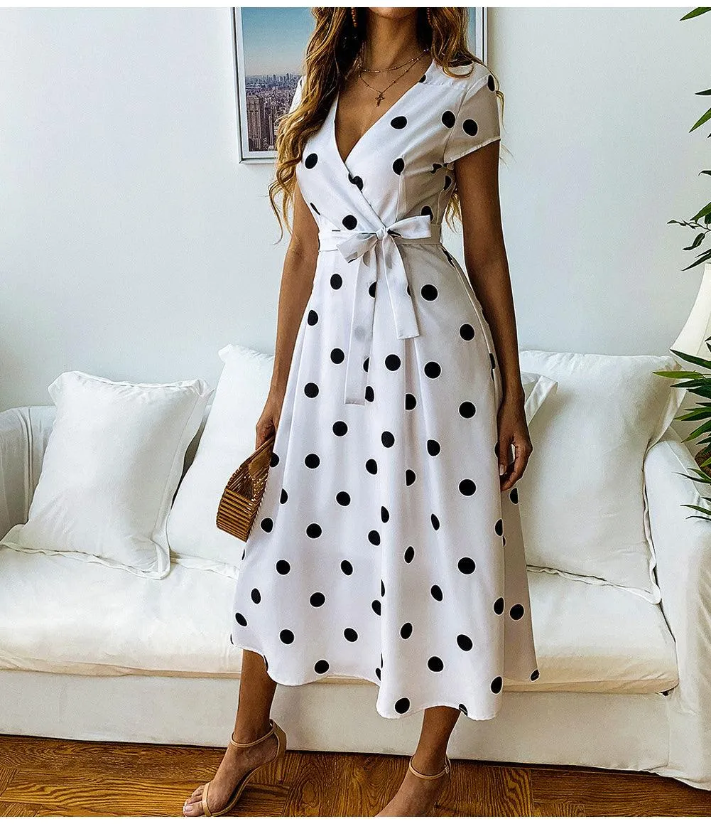 Elegant Dot Print Short Sleeve  Dress