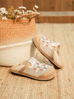 Embroidered Blossom Mesh Linen Upper Mule