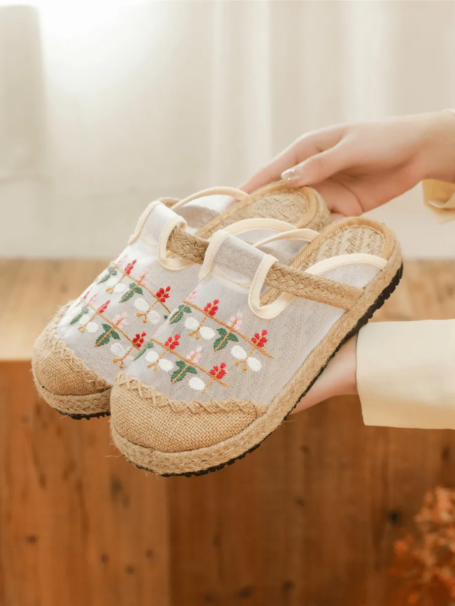 Embroidered Blossom Mesh Linen Upper Mule