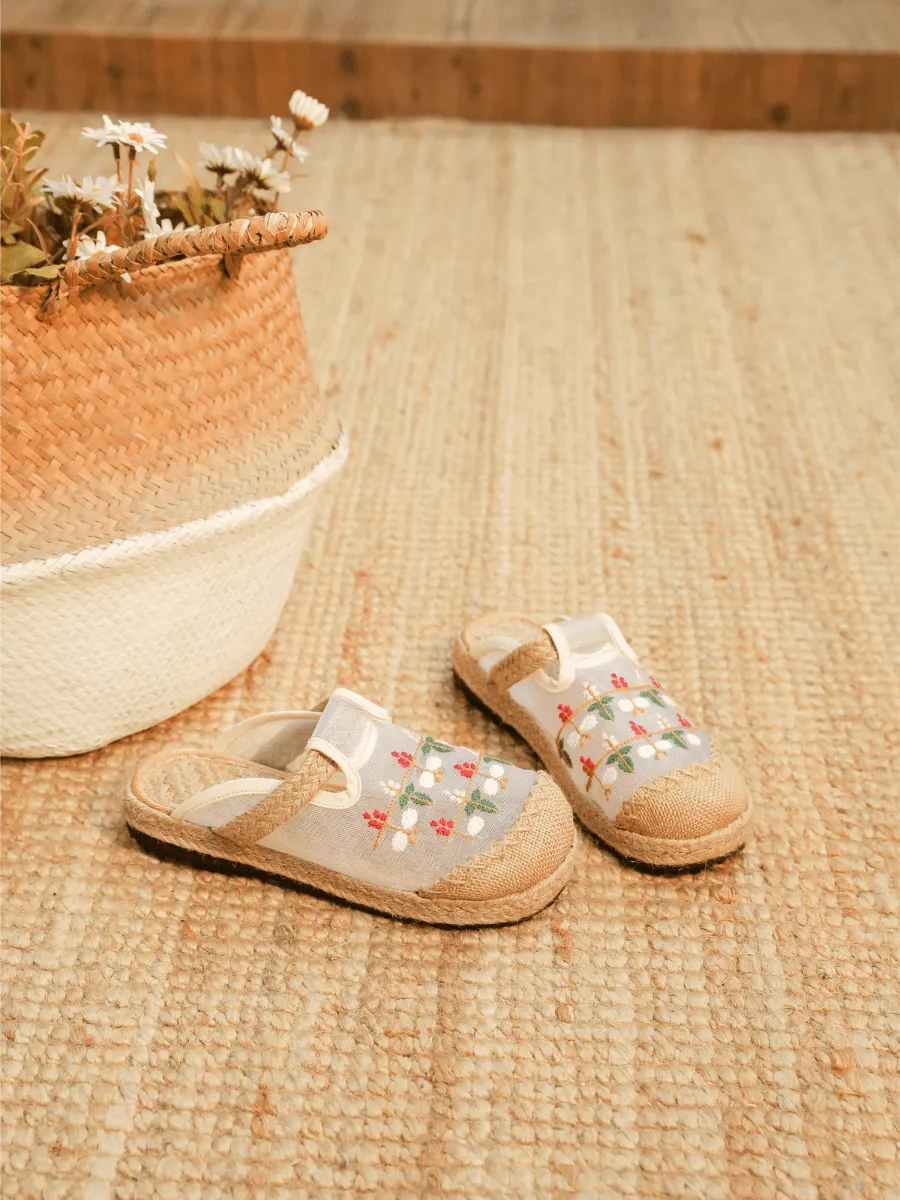 Embroidered Blossom Mesh Linen Upper Mule