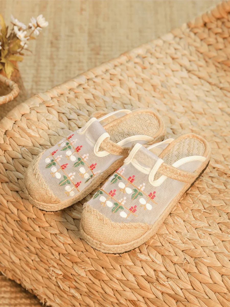 Embroidered Blossom Mesh Linen Upper Mule