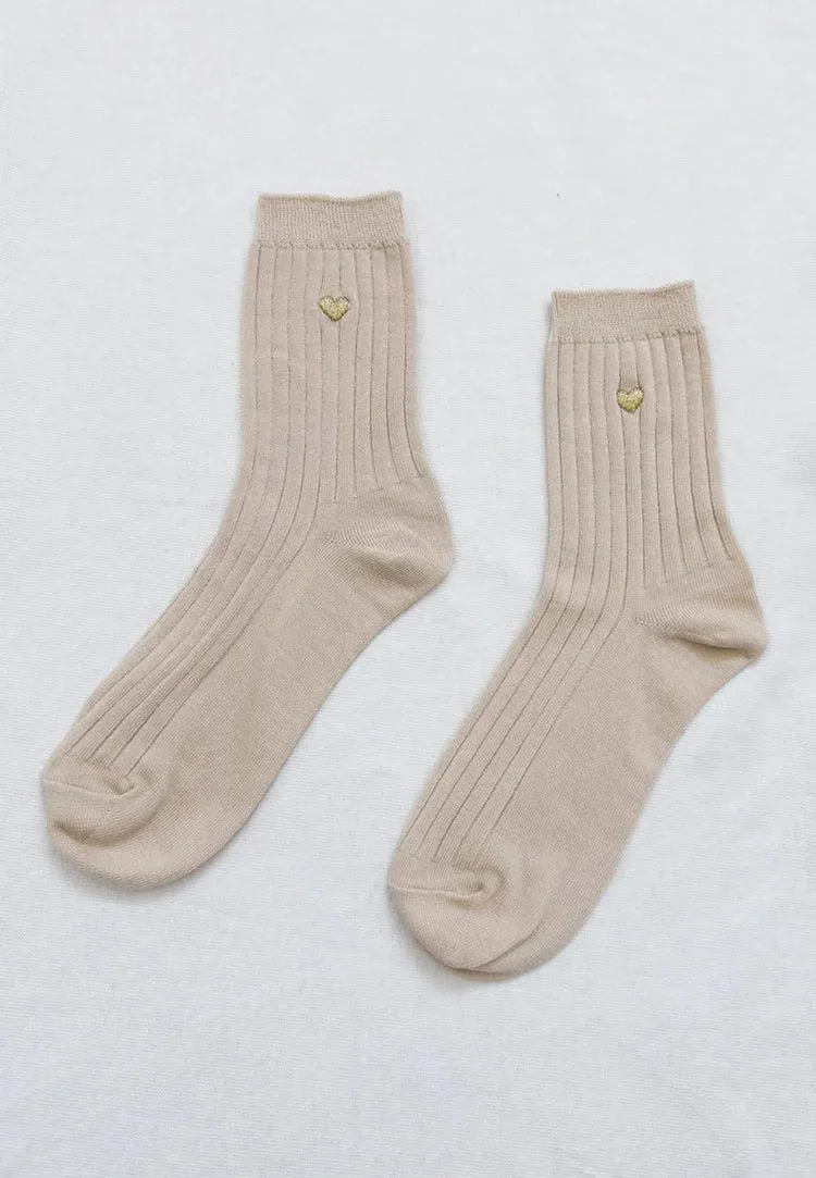 Embroidered Her Socks | Porcelain Gold Heart