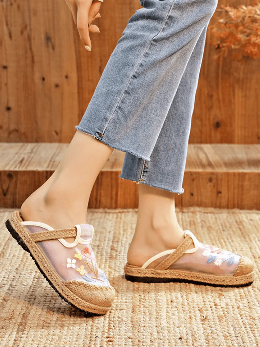 Embroidered Mesh Upper Espadrille Mule