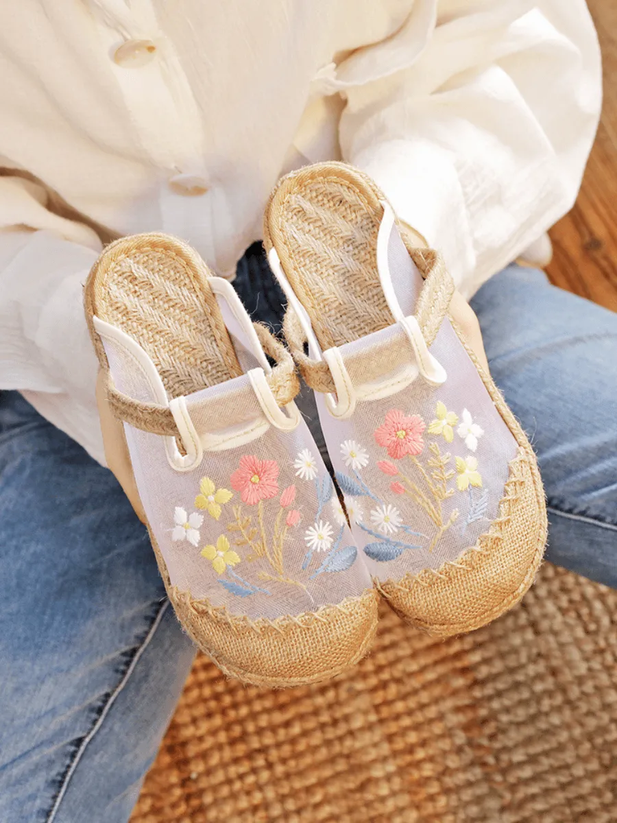 Embroidered Mesh Upper Espadrille Mule