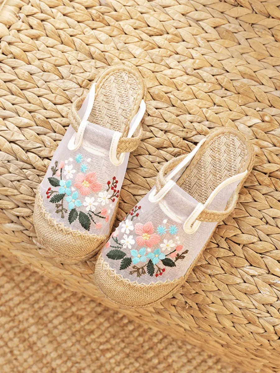 Embroidered Mesh Upper Linen Mule