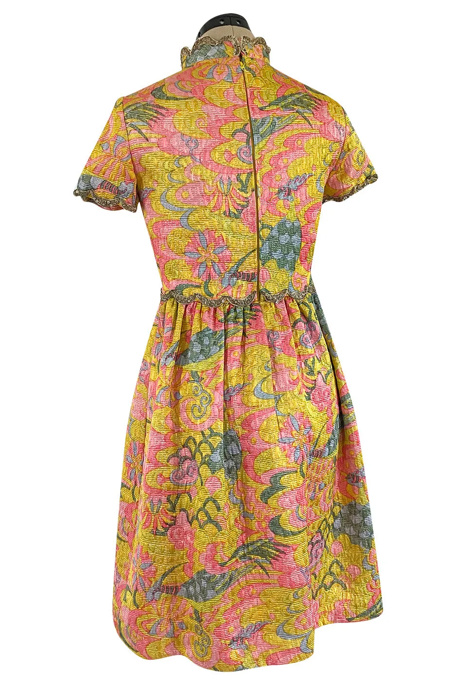 Exceptional 1968 Oscar de la Renta Documented Metallic Silk Brocade Dress w Silver Cording Detail