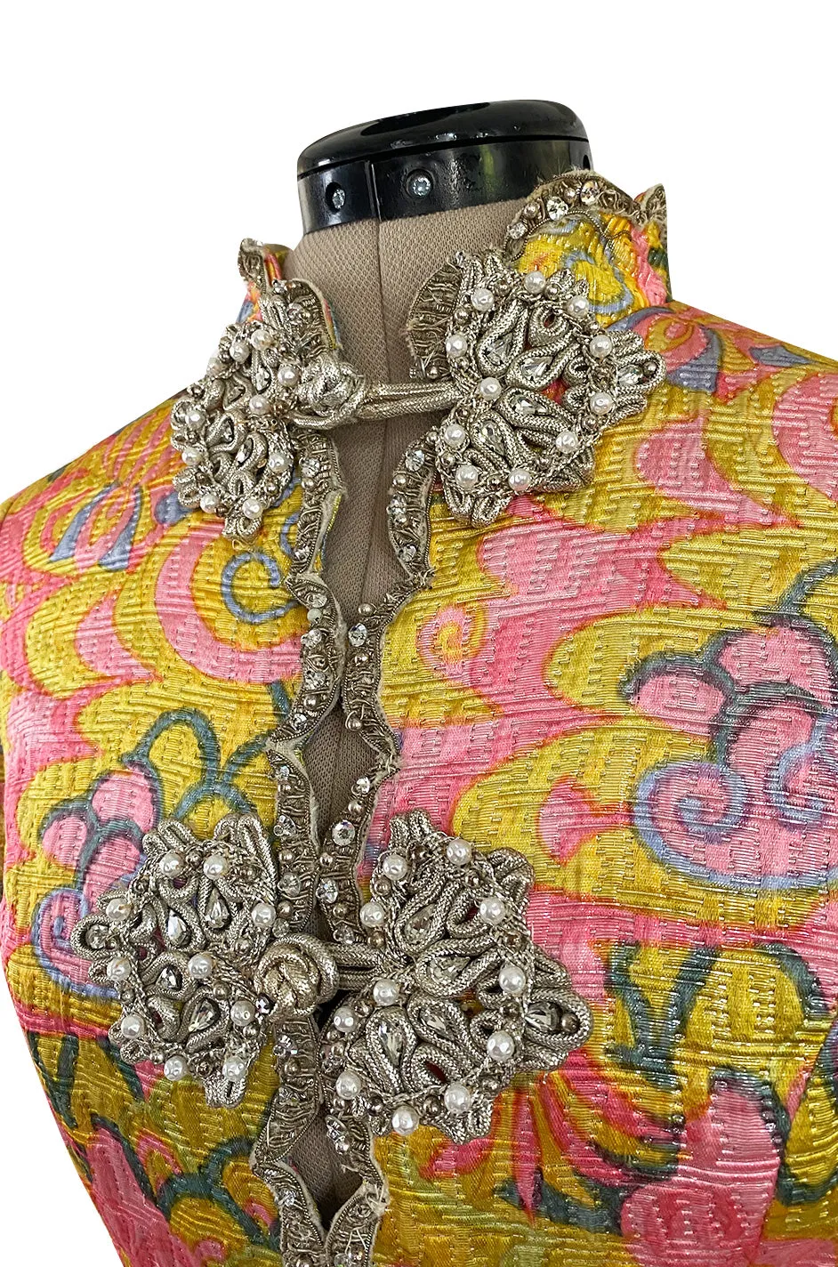 Exceptional 1968 Oscar de la Renta Documented Metallic Silk Brocade Dress w Silver Cording Detail