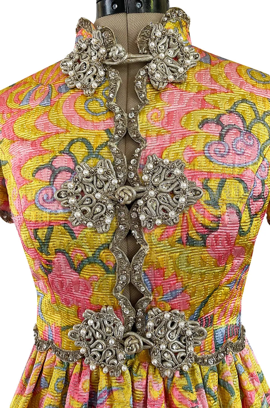 Exceptional 1968 Oscar de la Renta Documented Metallic Silk Brocade Dress w Silver Cording Detail