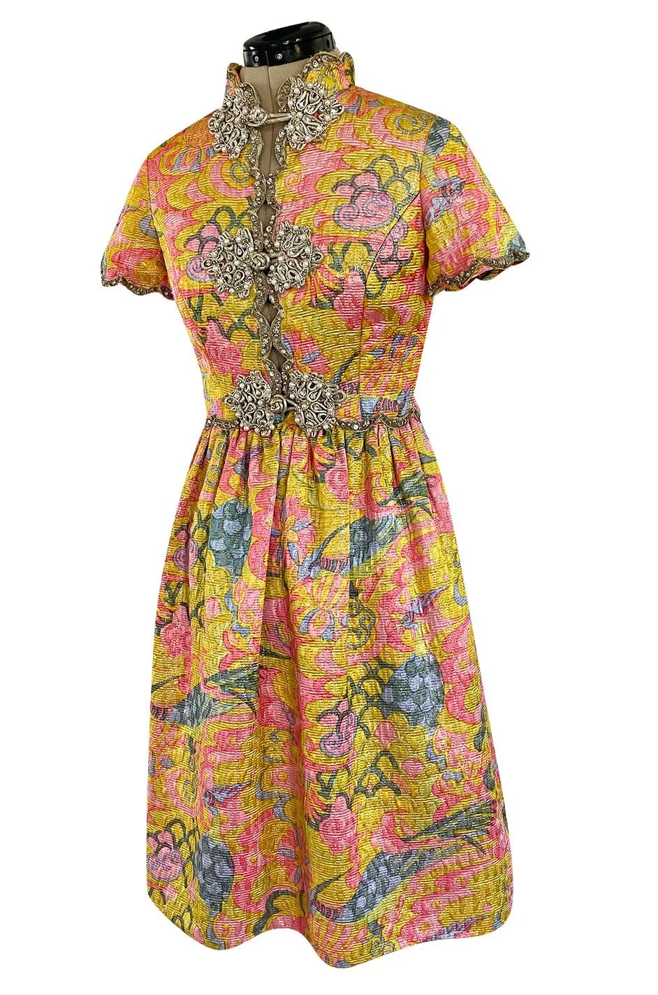 Exceptional 1968 Oscar de la Renta Documented Metallic Silk Brocade Dress w Silver Cording Detail