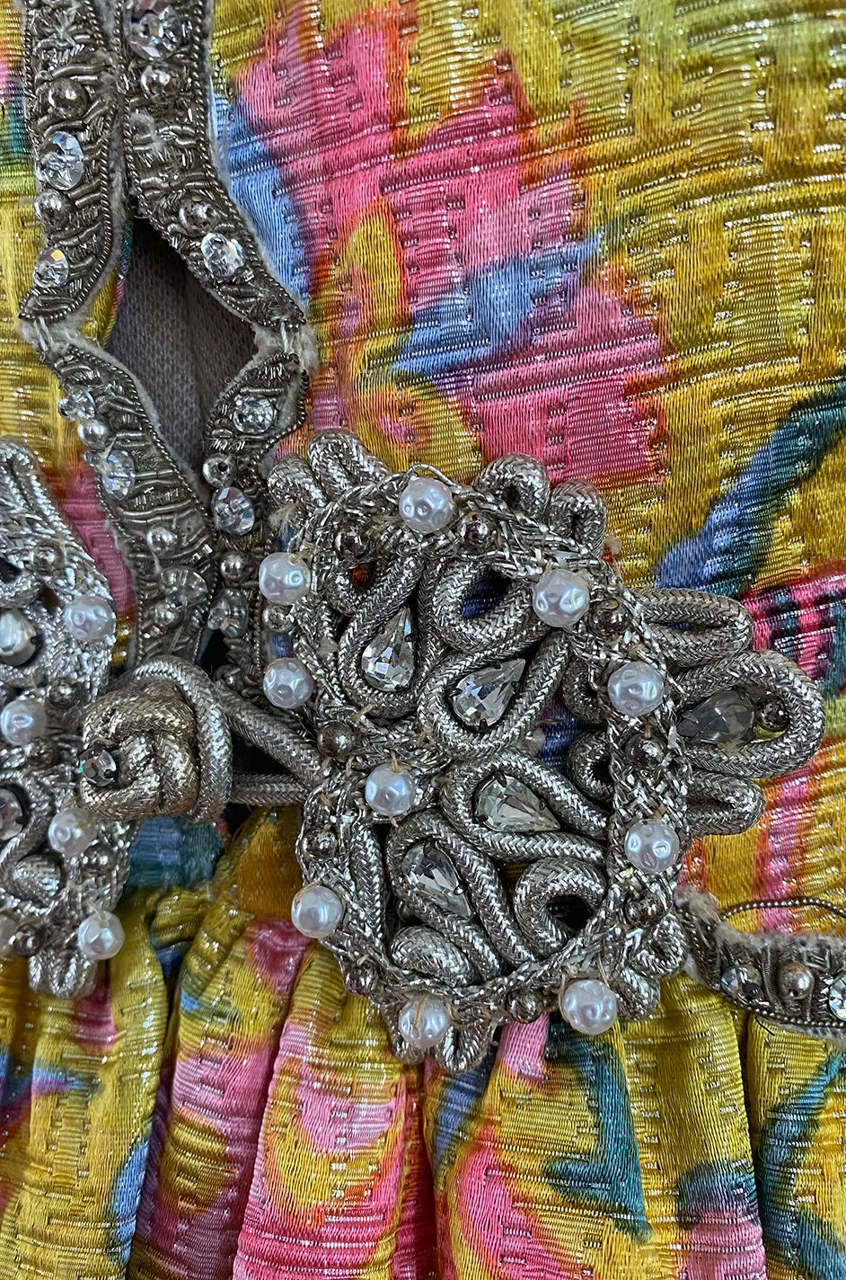 Exceptional 1968 Oscar de la Renta Documented Metallic Silk Brocade Dress w Silver Cording Detail