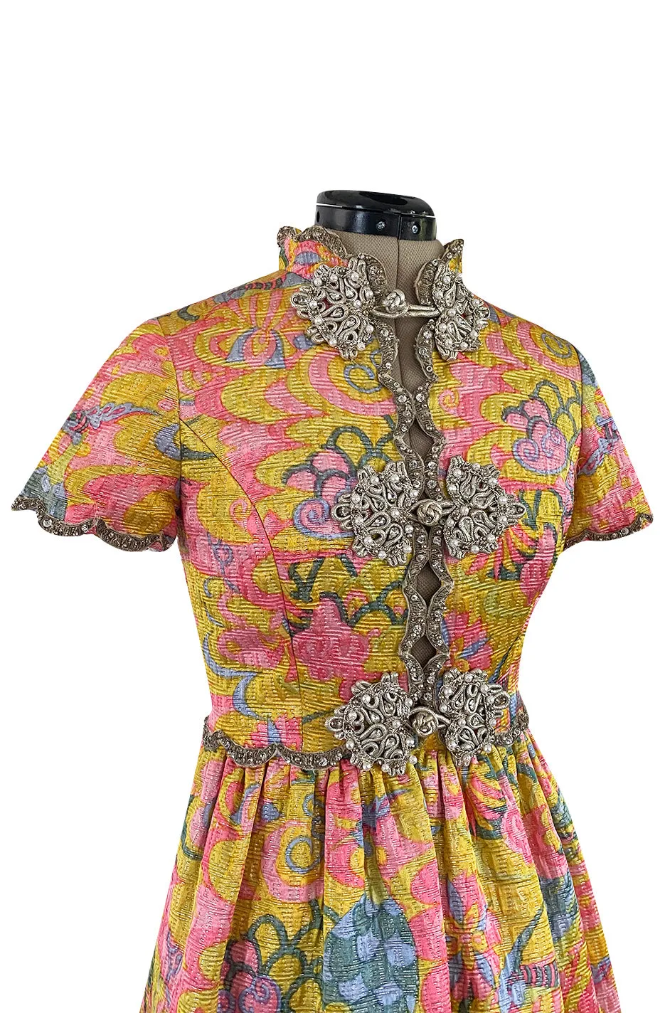 Exceptional 1968 Oscar de la Renta Documented Metallic Silk Brocade Dress w Silver Cording Detail