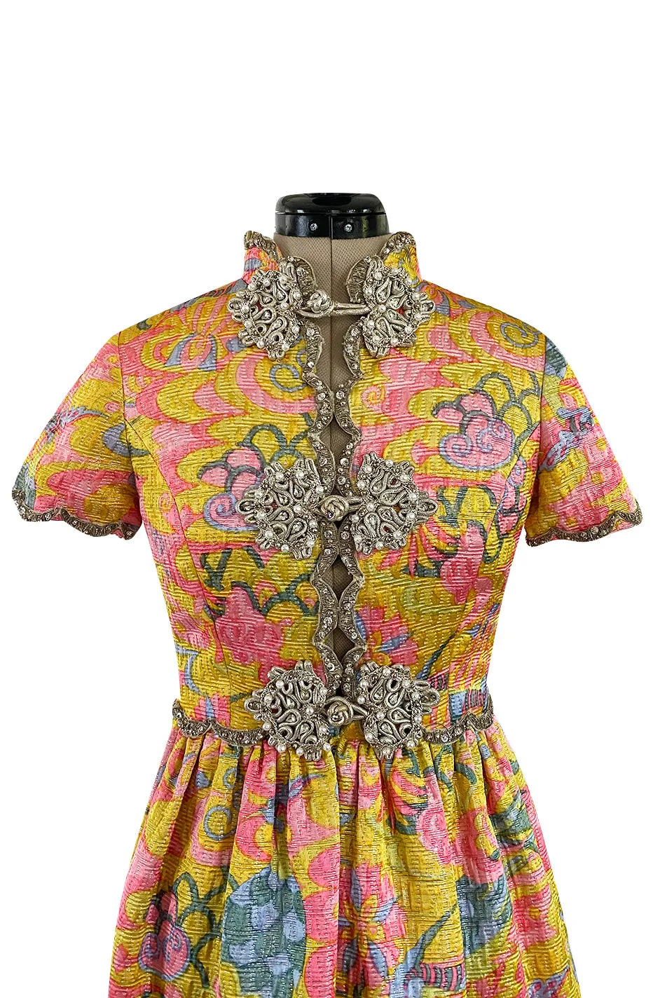 Exceptional 1968 Oscar de la Renta Documented Metallic Silk Brocade Dress w Silver Cording Detail