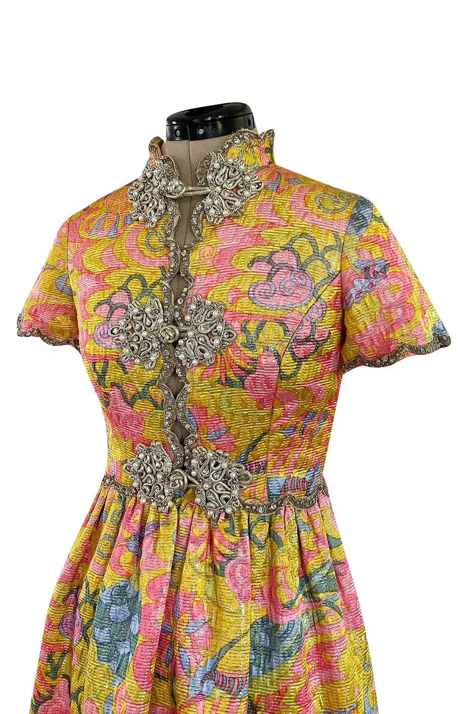 Exceptional 1968 Oscar de la Renta Documented Metallic Silk Brocade Dress w Silver Cording Detail