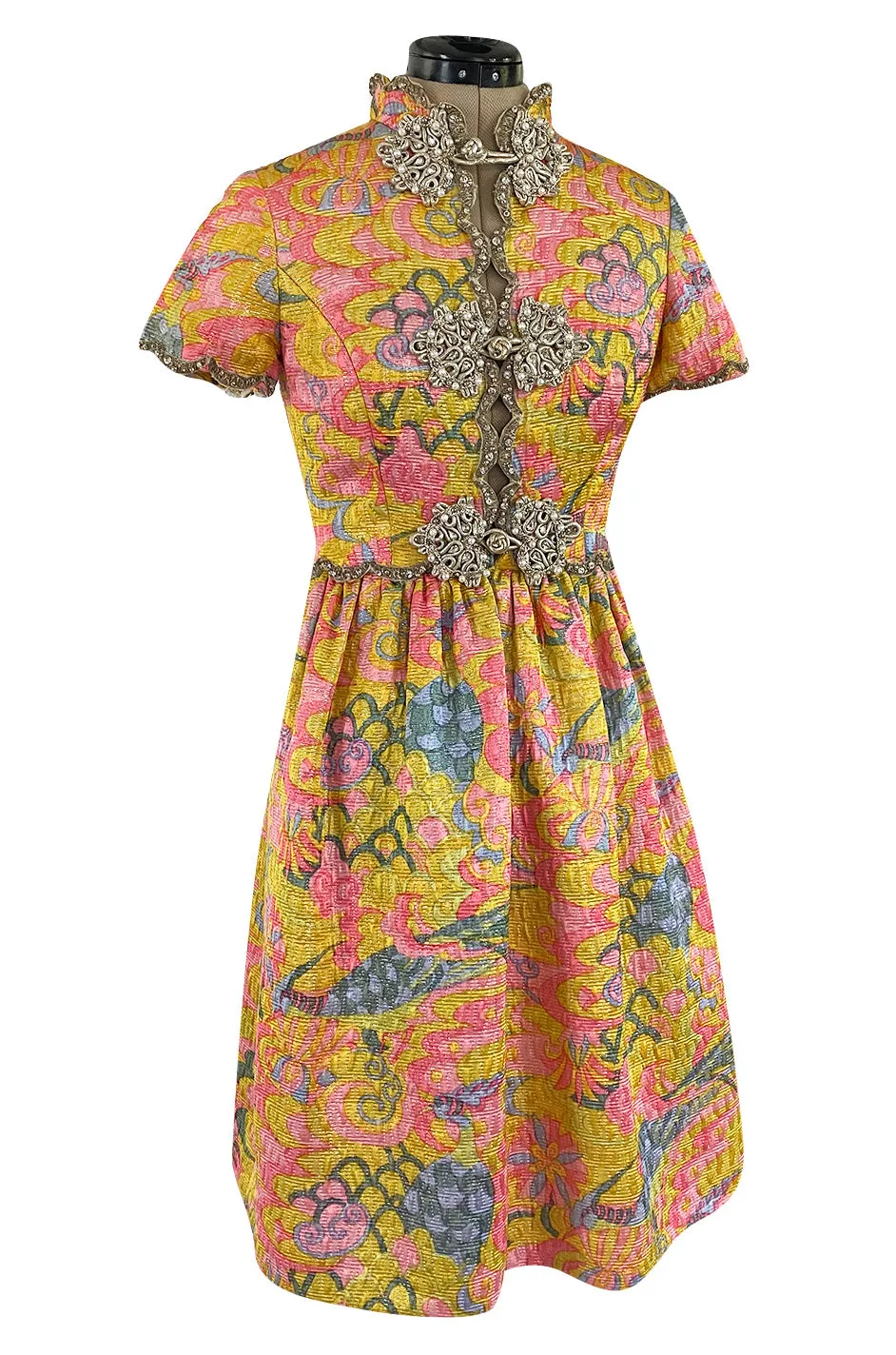 Exceptional 1968 Oscar de la Renta Documented Metallic Silk Brocade Dress w Silver Cording Detail