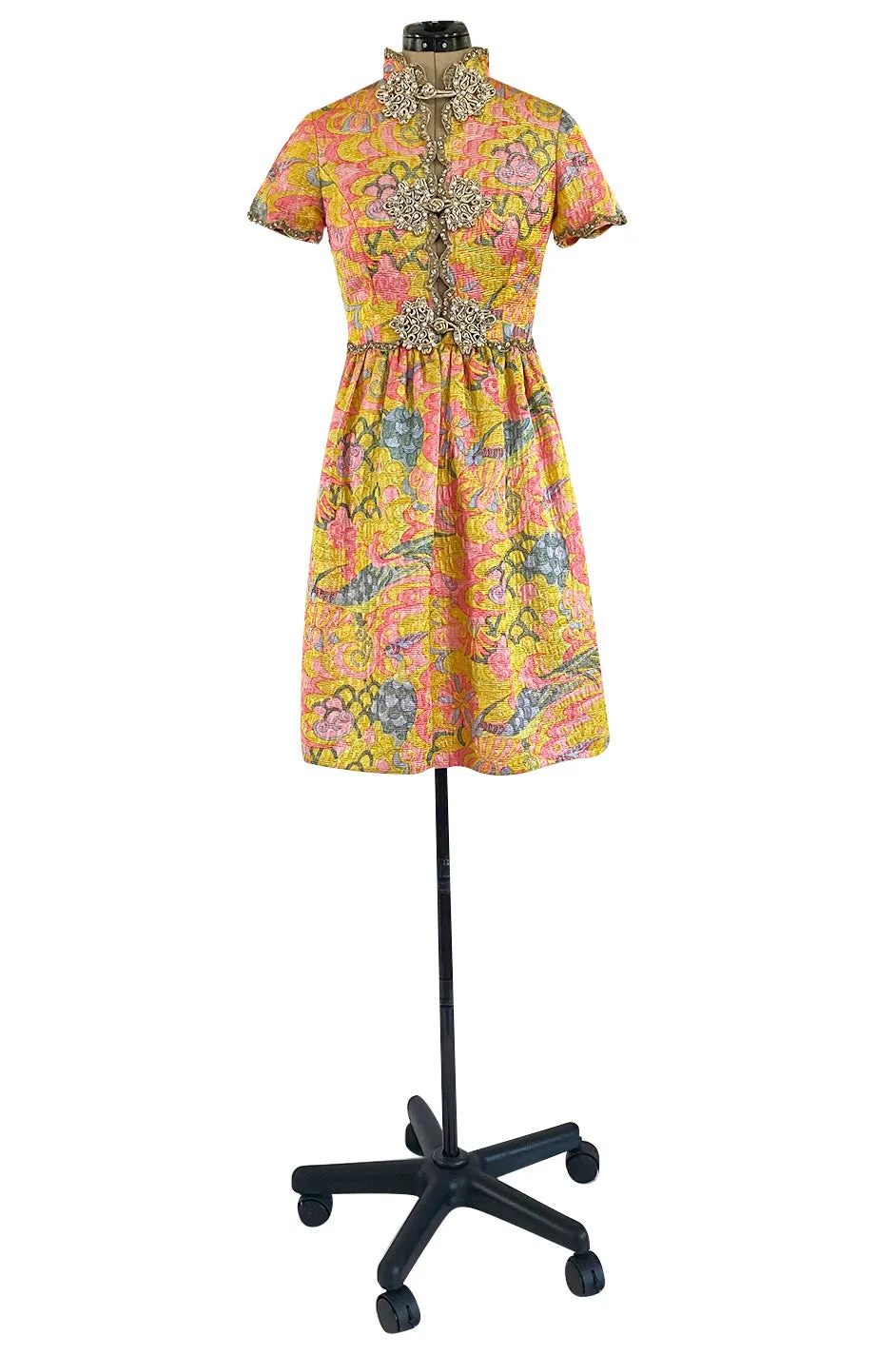 Exceptional 1968 Oscar de la Renta Documented Metallic Silk Brocade Dress w Silver Cording Detail