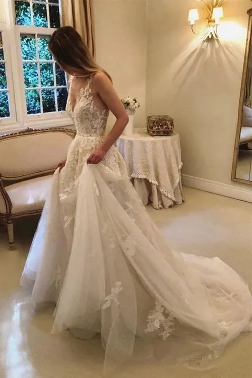 Fabulous Vintage Rustic A-line V-neck Beaded Lace Wedding Dresses Bridal Gown, SW283
