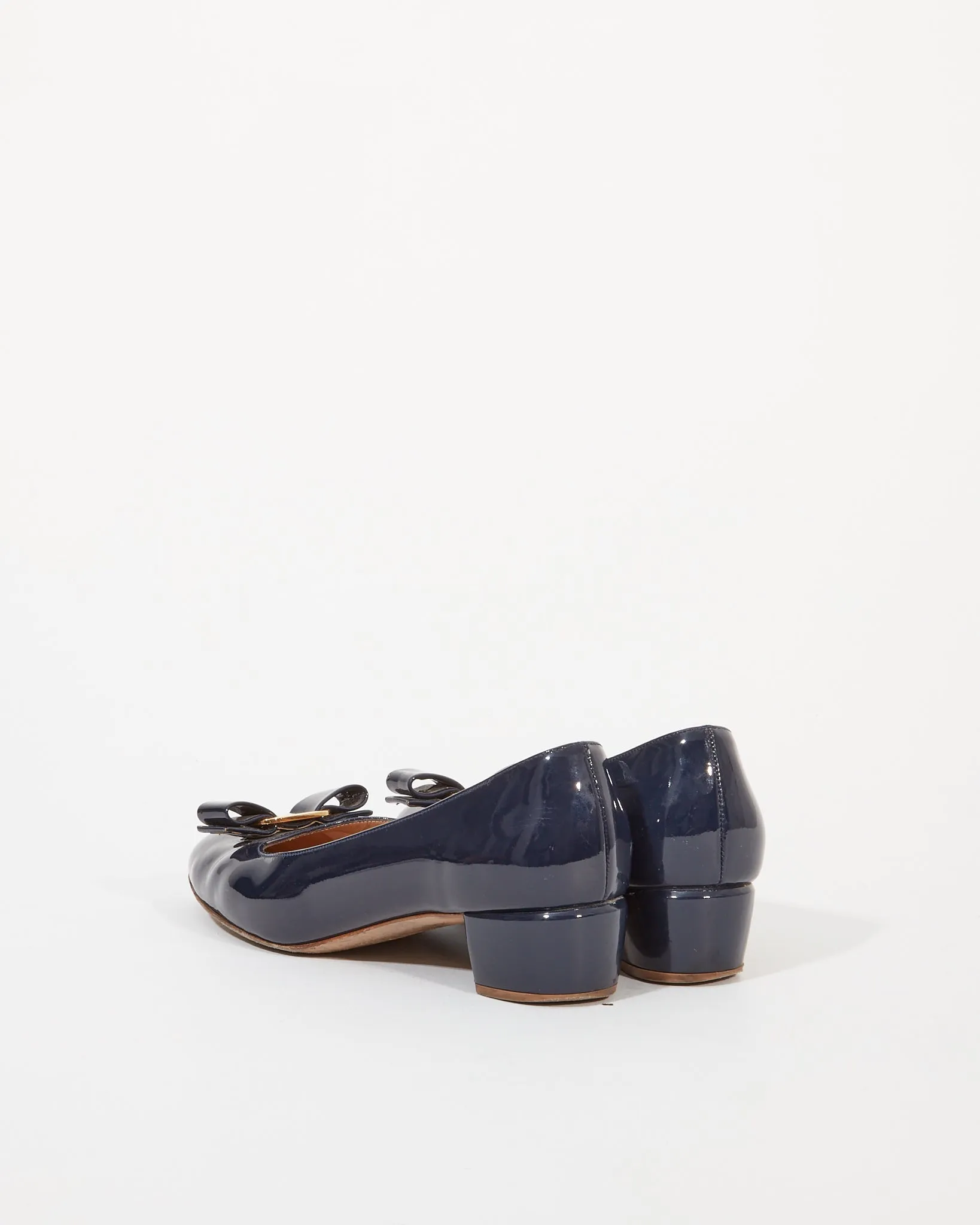 Ferragamo Navy Patent Vara Bow Pumps - 8