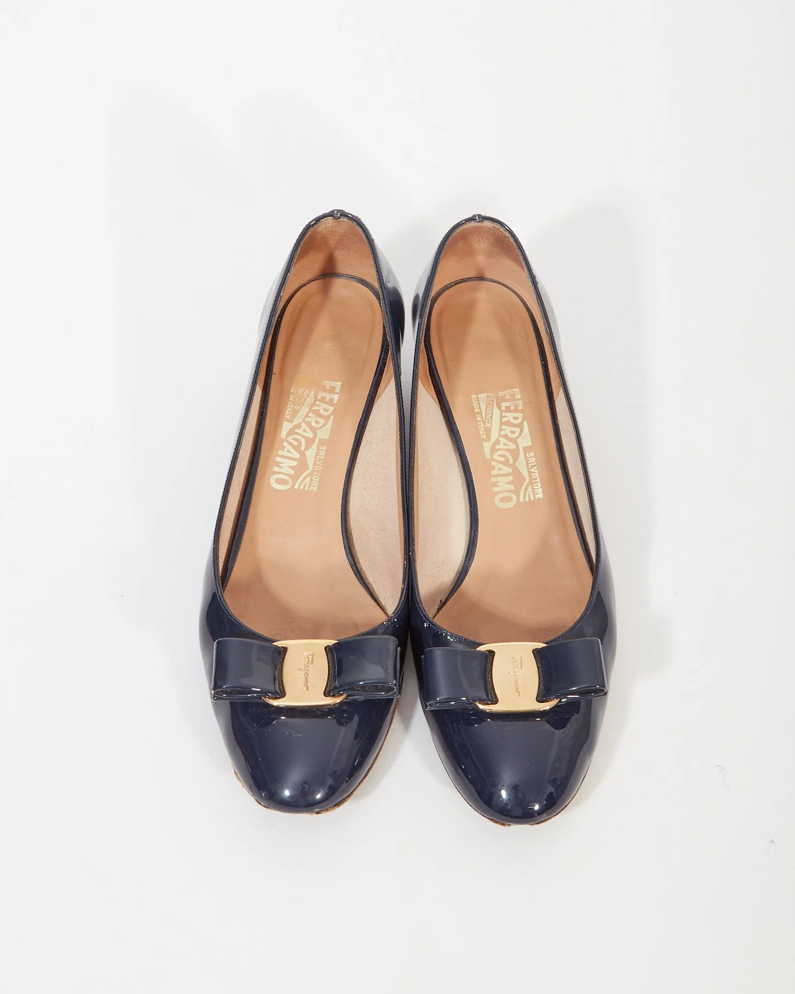 Ferragamo Navy Patent Vara Bow Pumps - 8