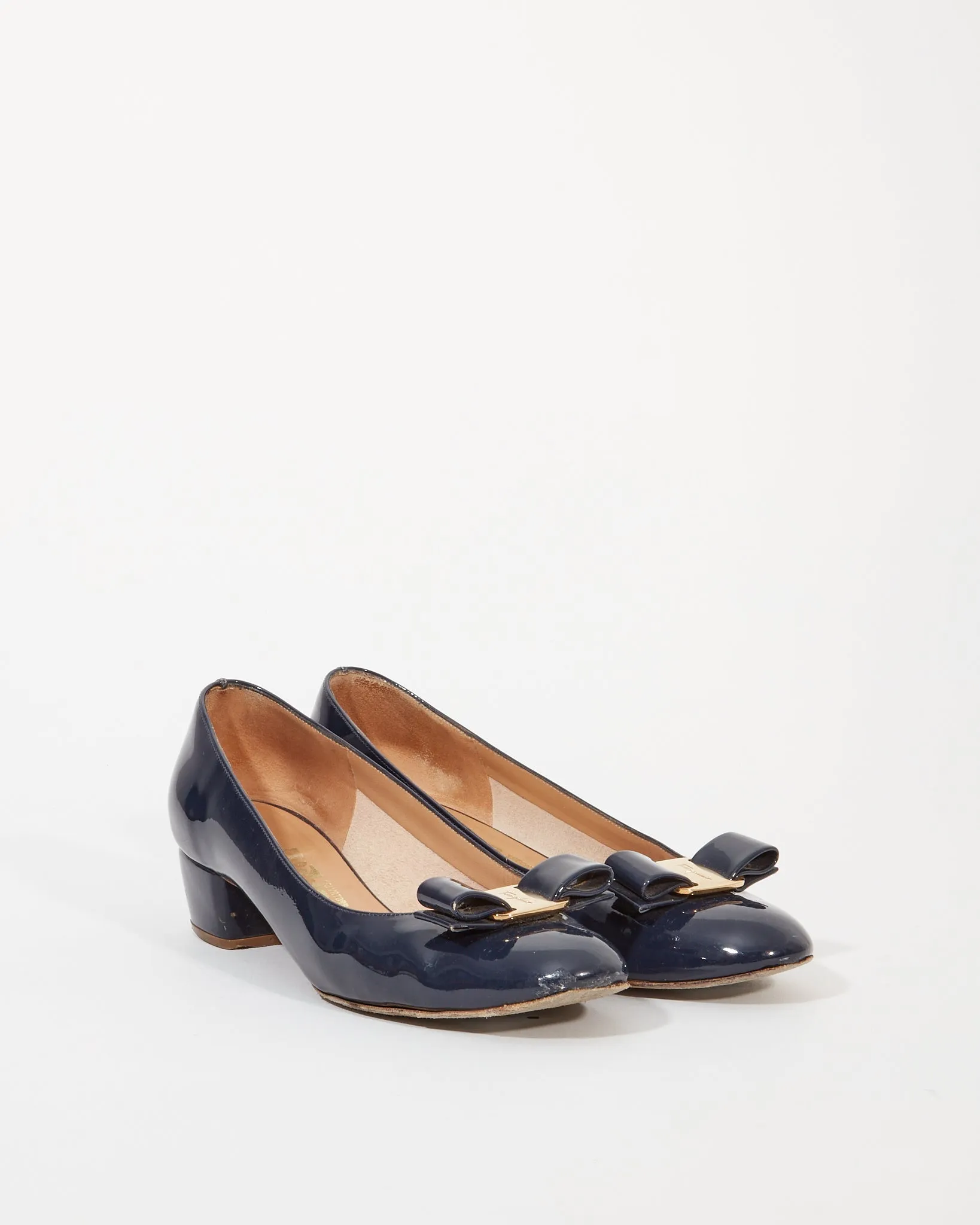 Ferragamo Navy Patent Vara Bow Pumps - 8