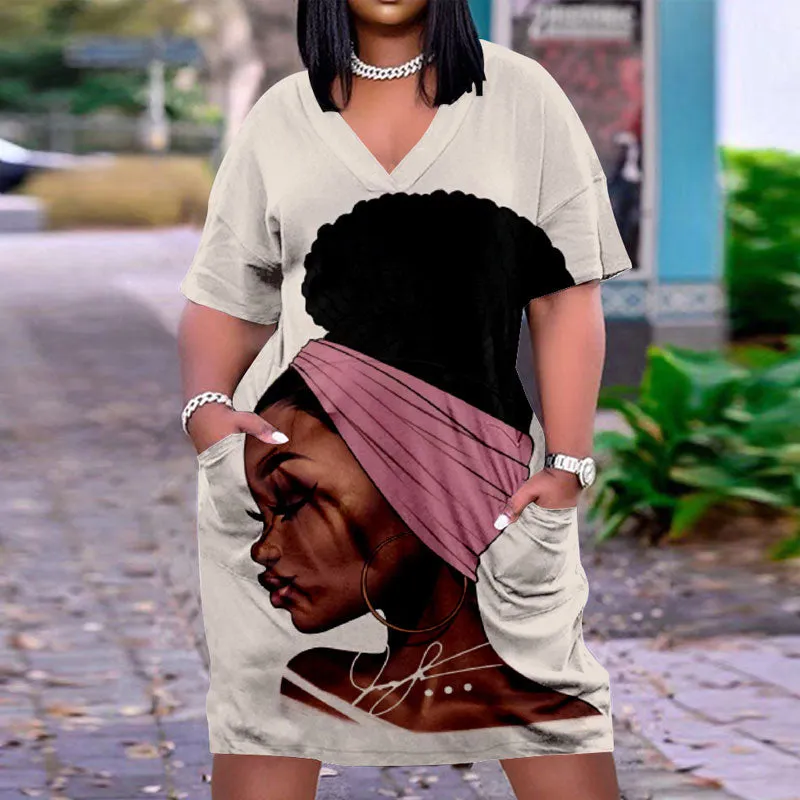 Figure Print V-Neck Short Sleeve Loose Dress