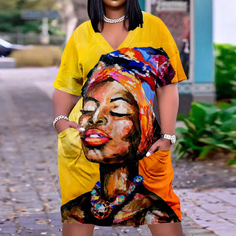 Figure Print V-Neck Short Sleeve Loose Dress