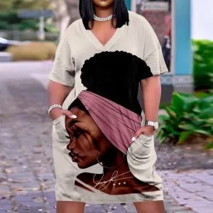 Figure Print V-Neck Short Sleeve Loose Dress