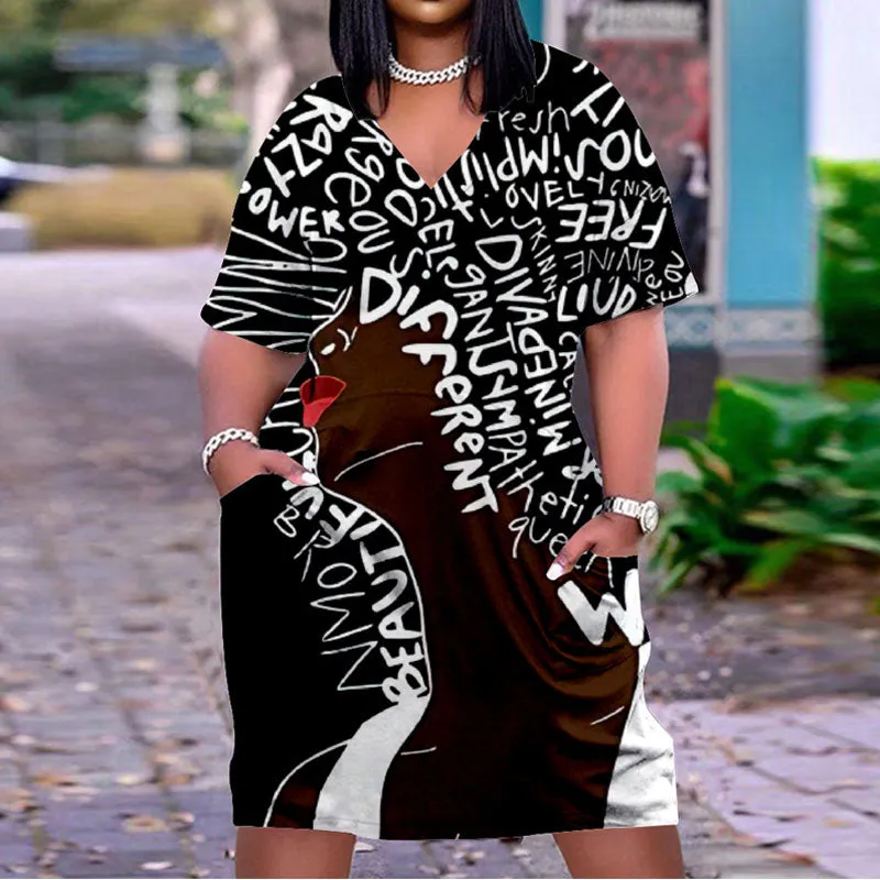 Figure Print V-Neck Short Sleeve Loose Dress