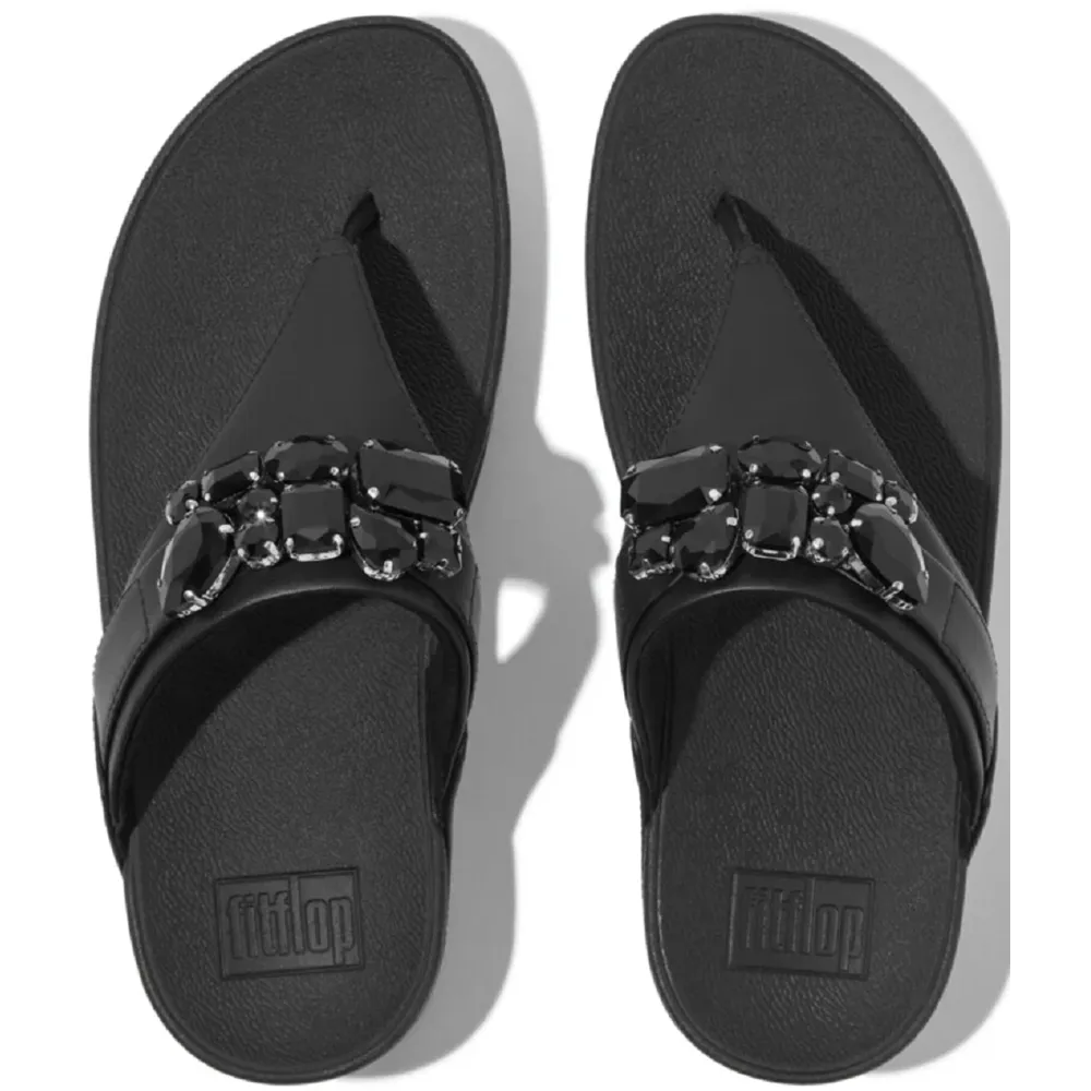 FitFlop Lulu Jewel-Deluxe Leather Black Toe-Post Sandals