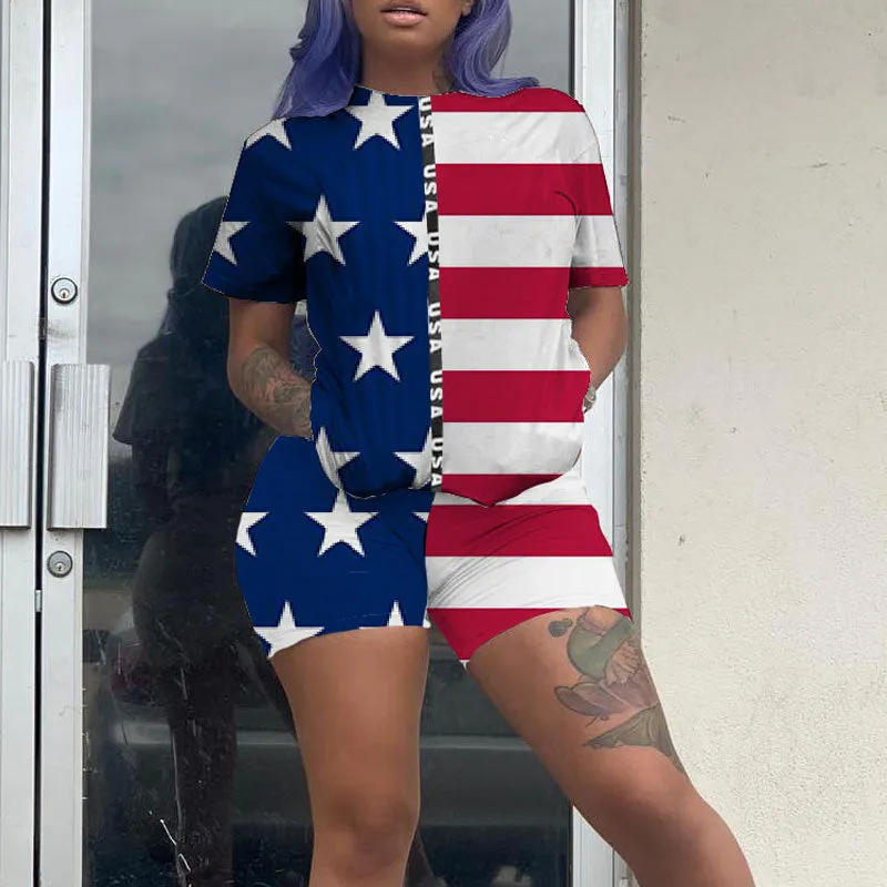 Flag Print 2PCS Shorts Set