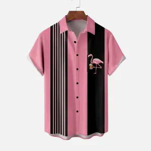 Flamingo Stripe Print Casual Short Sleeve Shirt