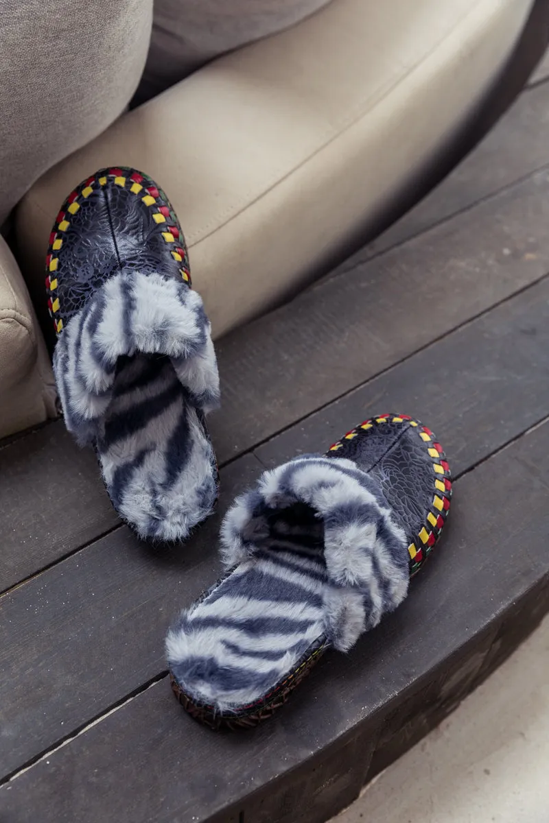 Floral Embossed Wool Lined Leather Slipper - Navy Black