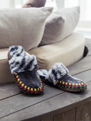 Floral Embossed Wool Lined Leather Slipper - Navy Black