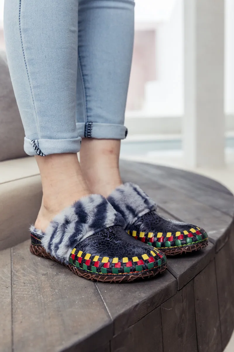 Floral Embossed Wool Lined Leather Slipper - Navy Black