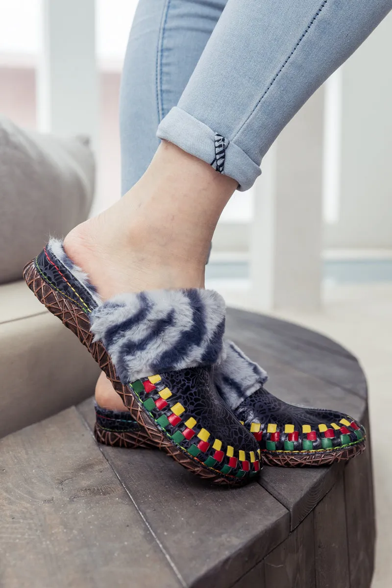 Floral Embossed Wool Lined Leather Slipper - Navy Black