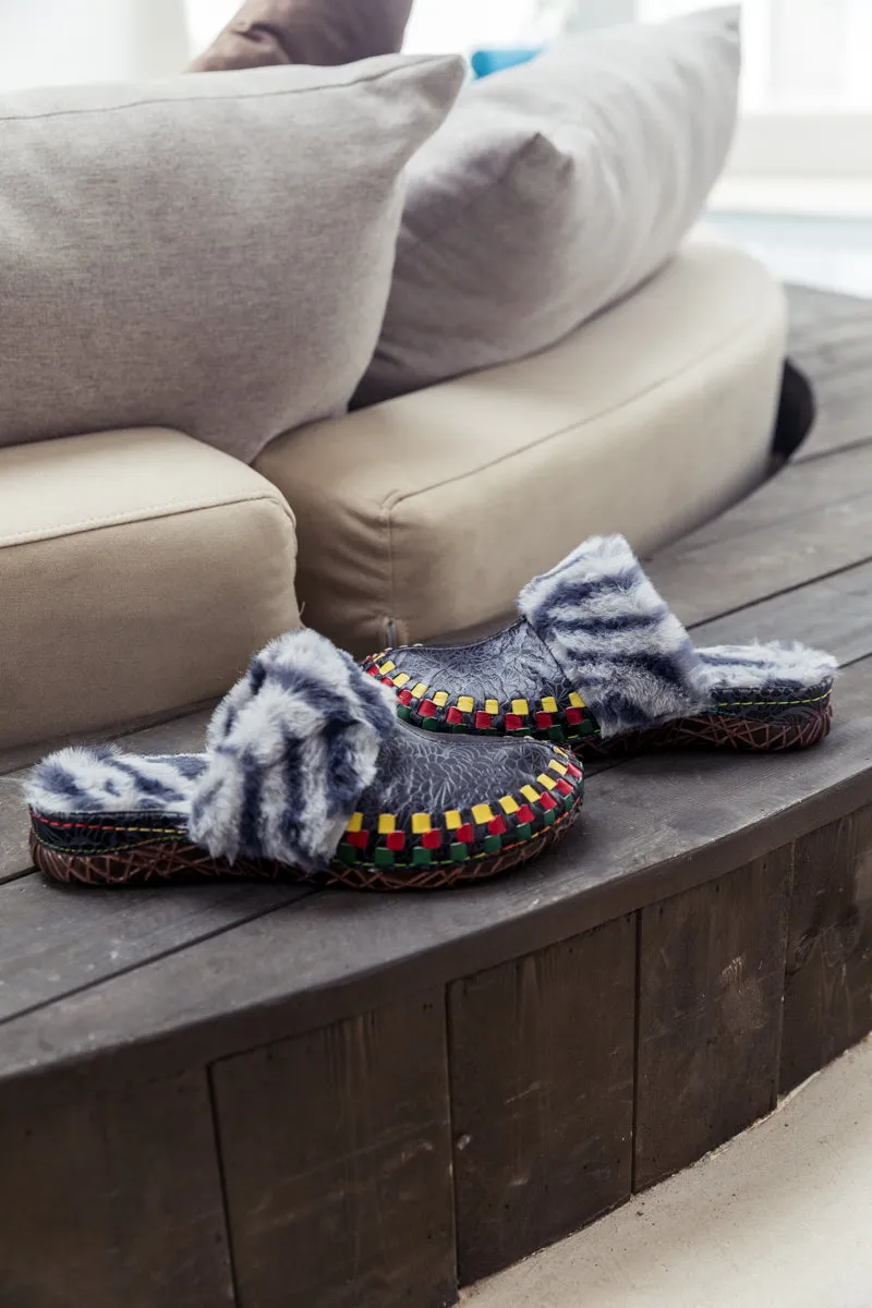 Floral Embossed Wool Lined Leather Slipper - Navy Black