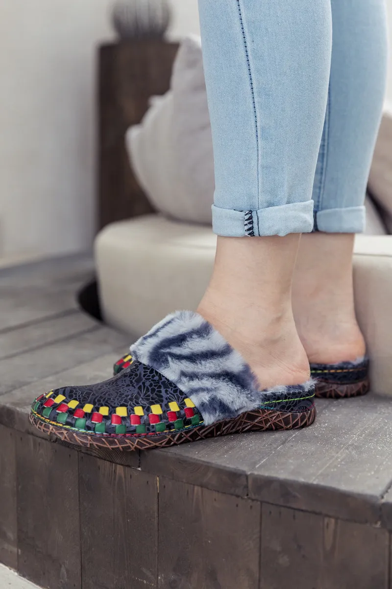 Floral Embossed Wool Lined Leather Slipper - Navy Black