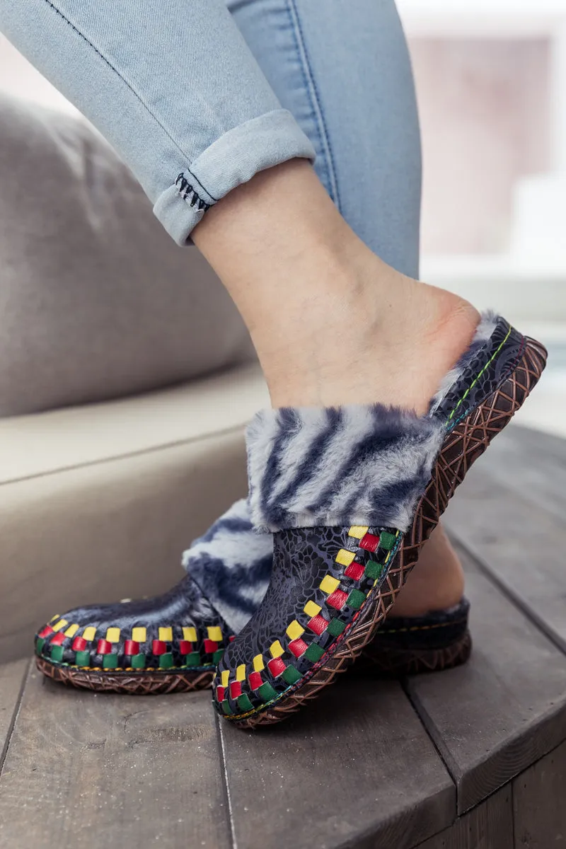 Floral Embossed Wool Lined Leather Slipper - Navy Black