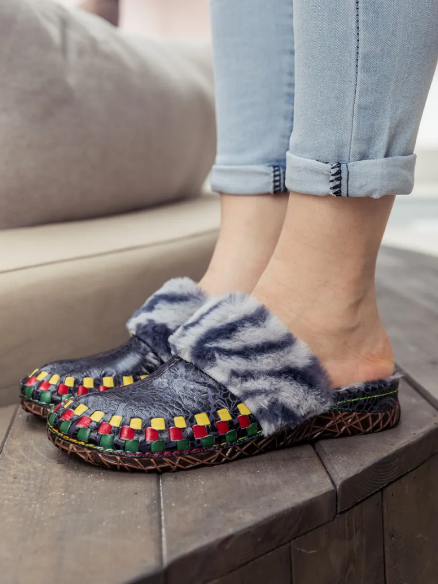 Floral Embossed Wool Lined Leather Slipper - Navy Black