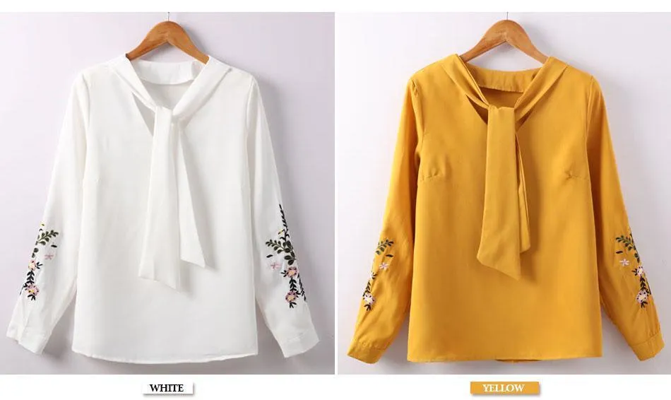 Floral Embroidery Bow Tie Blouse