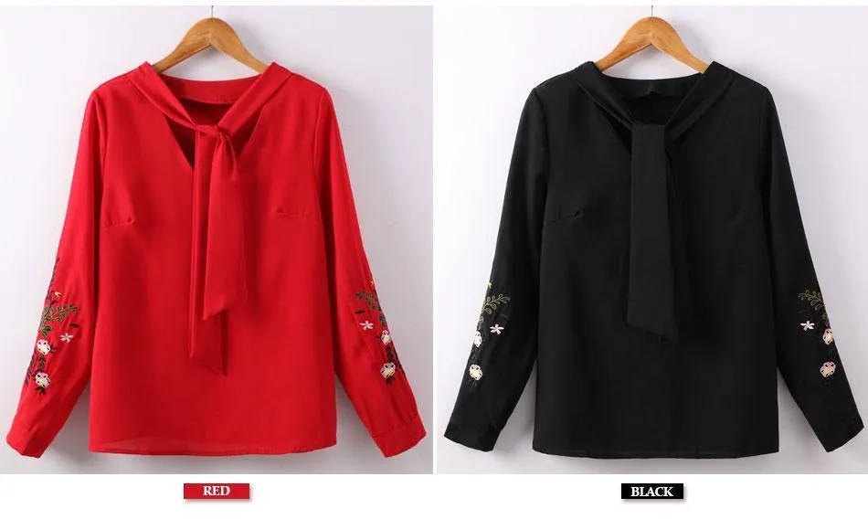 Floral Embroidery Bow Tie Blouse